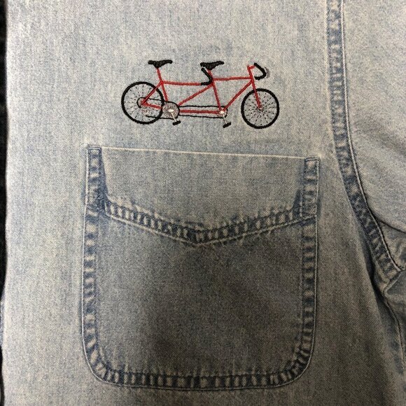 Vintage Button Up Denim Shirt with Bicycle Embroidery 90s Light Wash Jean Shirt - Picture 4 of 13